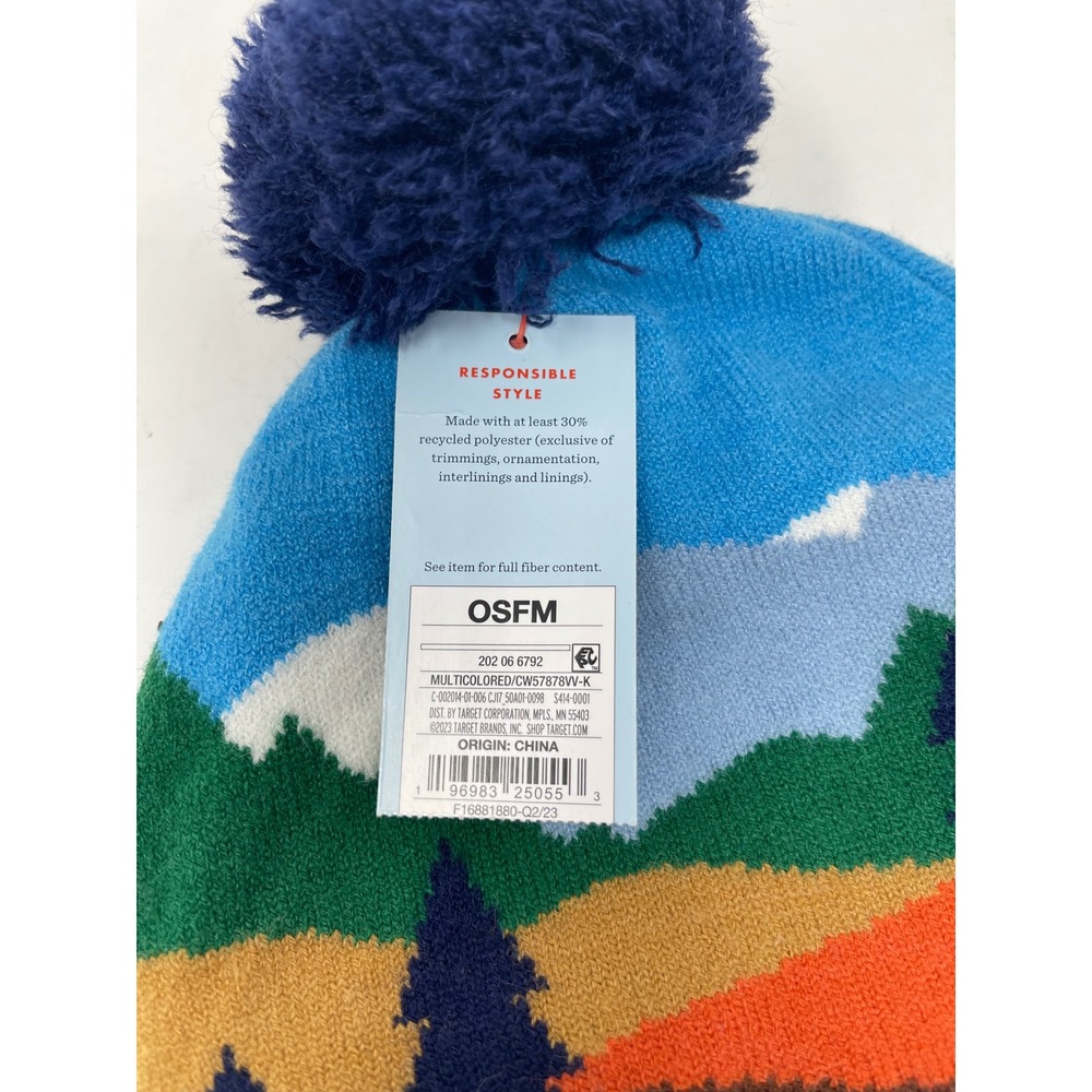 Cat & Jack Beanie Kids OSFM Blue New Mountain Landscape Pom Pom Knit Hat - Picture 3 of 5
